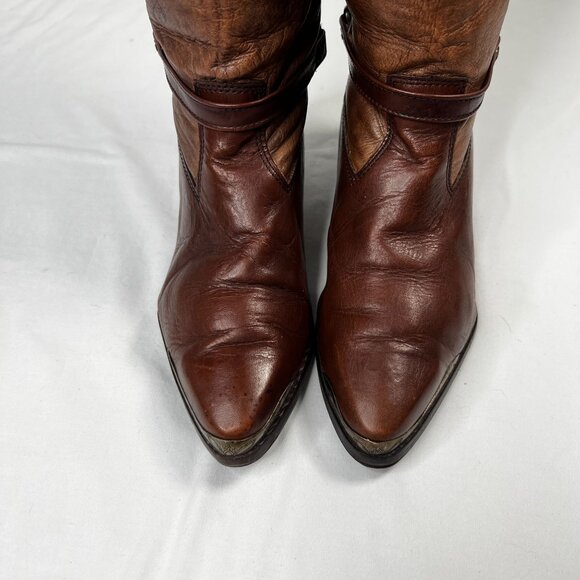 Vintage Zodiac Leather Boots Western Boho Mid-Calf Toe Taps Straps Brown 8.5 - Picture 5 of 12